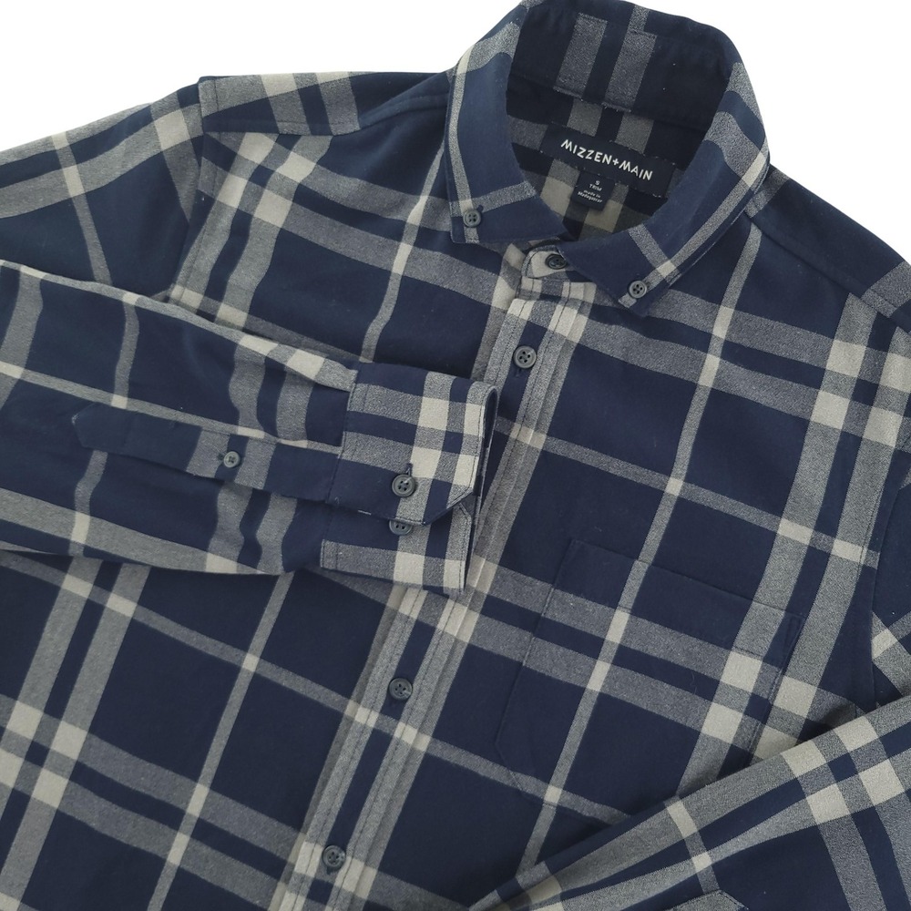 Mizzen+Main Shirt Mens S Blue Plaid Long Sleeve Button Down Trim Fit Stretch